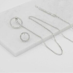 Unique Silver Rhinestone Circle Chain Earring and Hair Barrette Set